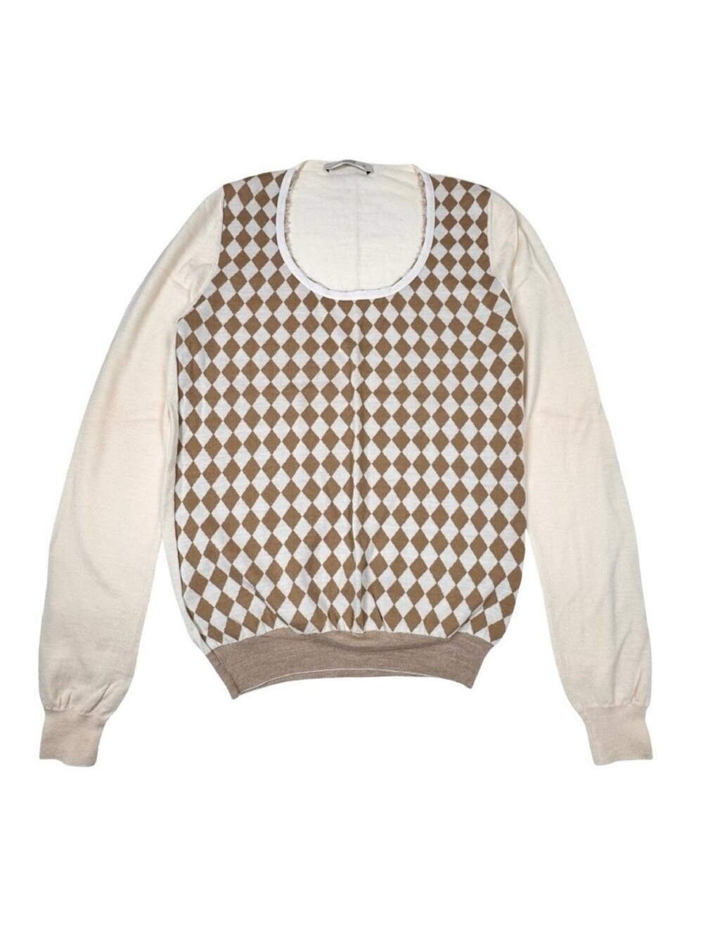 Vintage Prada 100% Wool Fine Knit Sweater Sz 6 Cream Diamond Preppy Academia